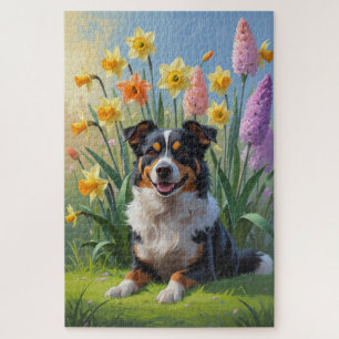Puzzle Peinture de fleurs printanières de chien Kelpie au