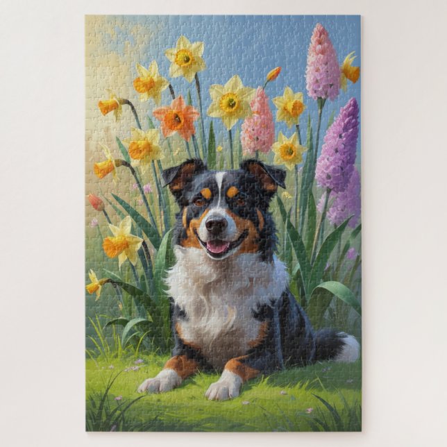 Puzzle Peinture de fleurs printanières de chien Kelpie au (Vertical)