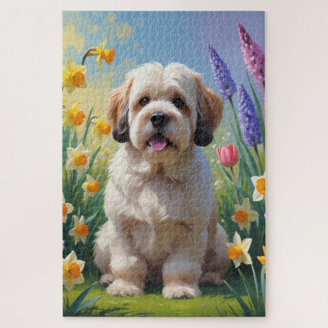 Puzzle Peinture de fleurs printanières de chien Lhasa Aps (Vertical)