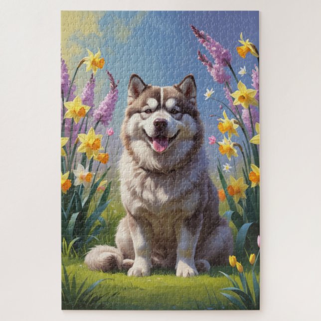 Puzzle Peinture de fleurs printanières de chien Malamute  (Vertical)