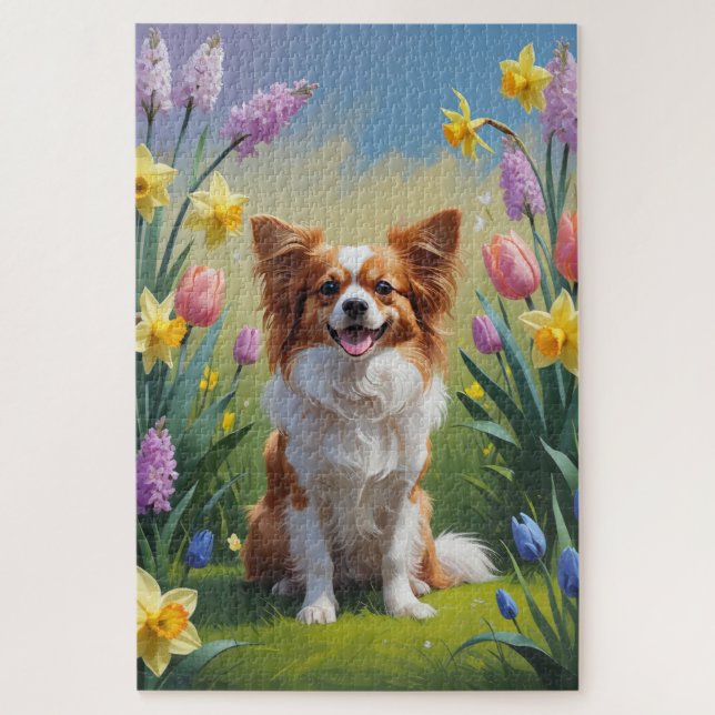 Puzzle Peinture de fleurs printanières de chien Papillon  (Vertical)