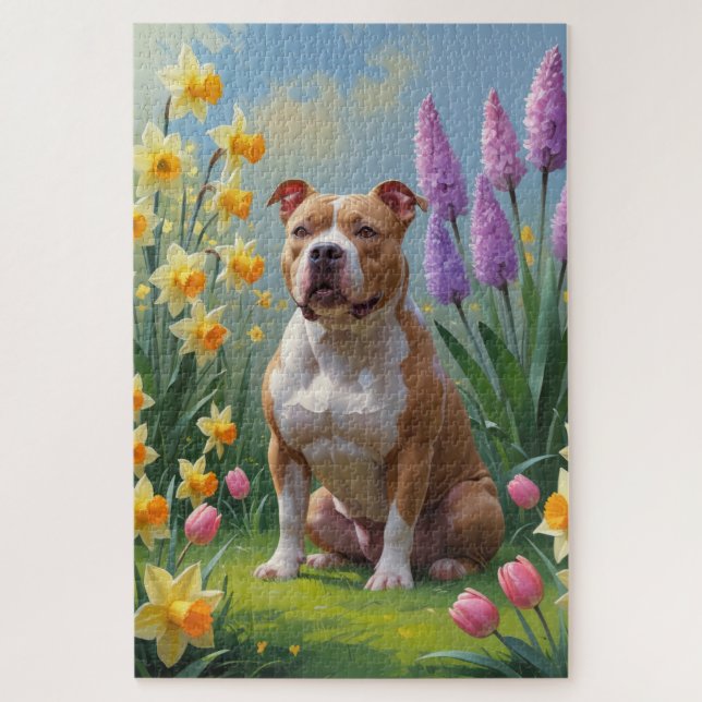 Puzzle Peinture de fleurs printanières de chien Pitbull  (Vertical)