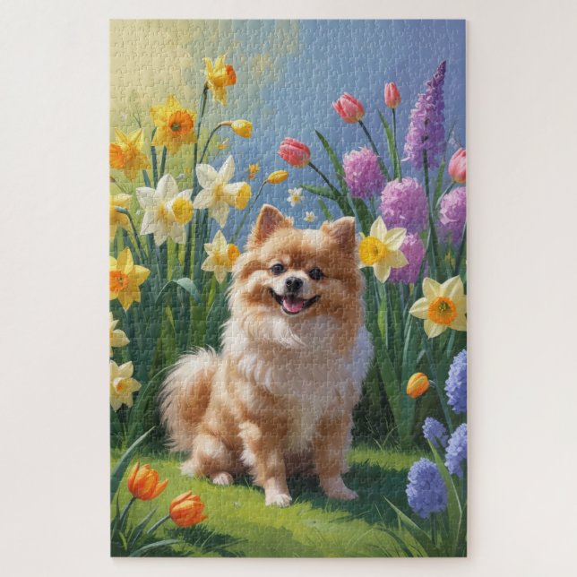 Puzzle Peinture de fleurs printanières de chien Poméranie (Vertical)