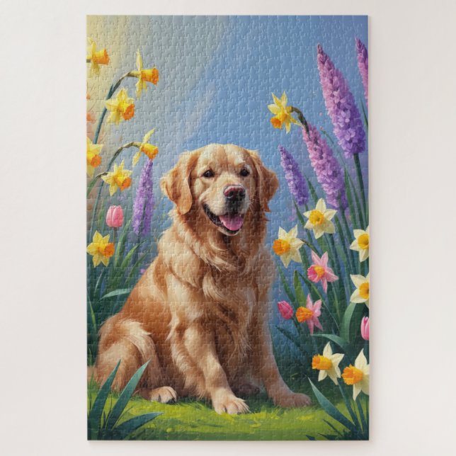 Puzzle Peinture de fleurs printanières de chien Retriever (Vertical)
