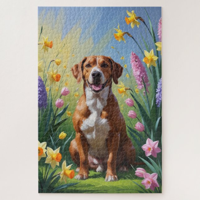 Puzzle Peinture de fleurs printanières de chien Rhodesian (Vertical)