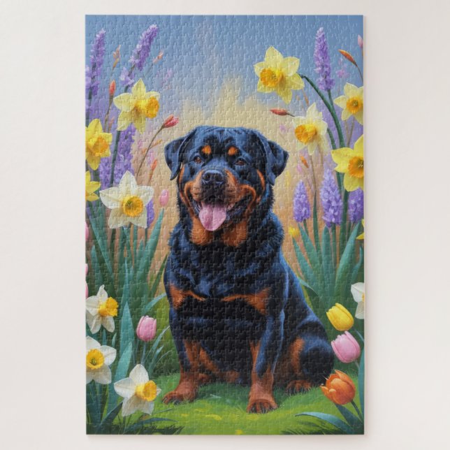 Puzzle Peinture de fleurs printanières de chien Rottweile (Vertical)