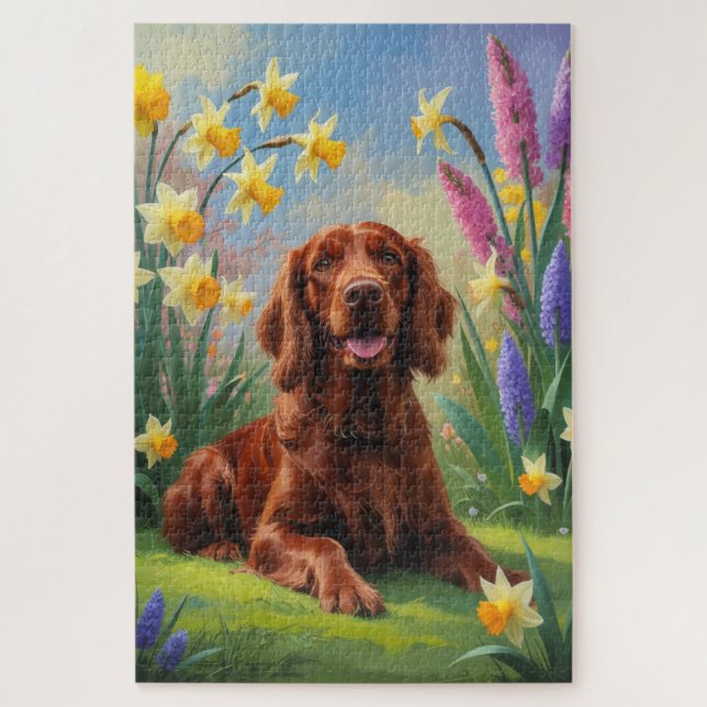 Puzzle Peinture de fleurs printanières de chien Setter Ro (Vertical)