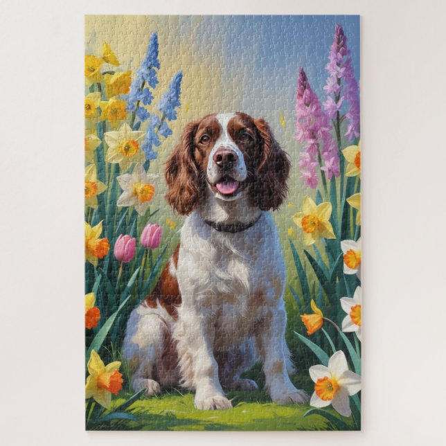 Puzzle Peinture de fleurs printanières de chien Springer  (Vertical)