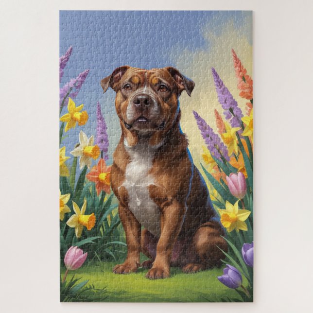 Puzzle Peinture de fleurs printanières de chien Staffords (Vertical)