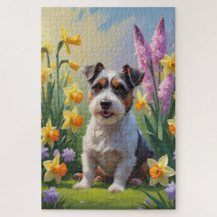 Puzzle Peinture de fleurs printanières de chien Terrier A