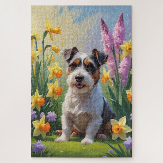 Puzzle Peinture de fleurs printanières de chien Terrier A (Vertical)