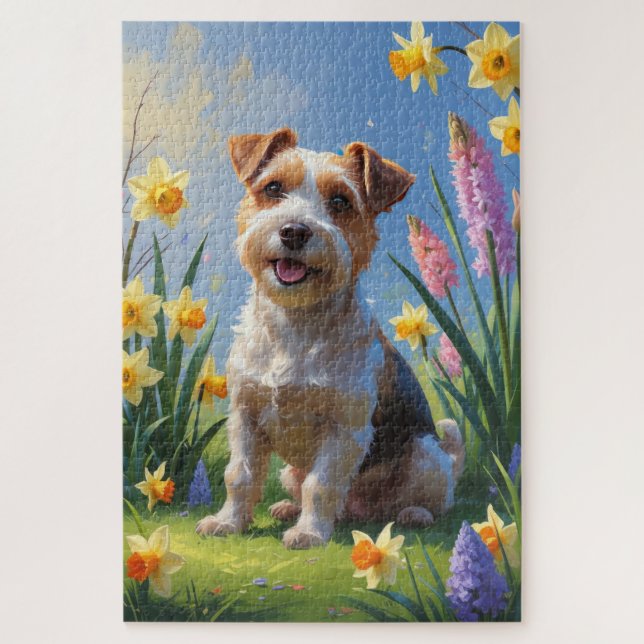 Puzzle Peinture de fleurs printanières de chien Terrier B (Vertical)