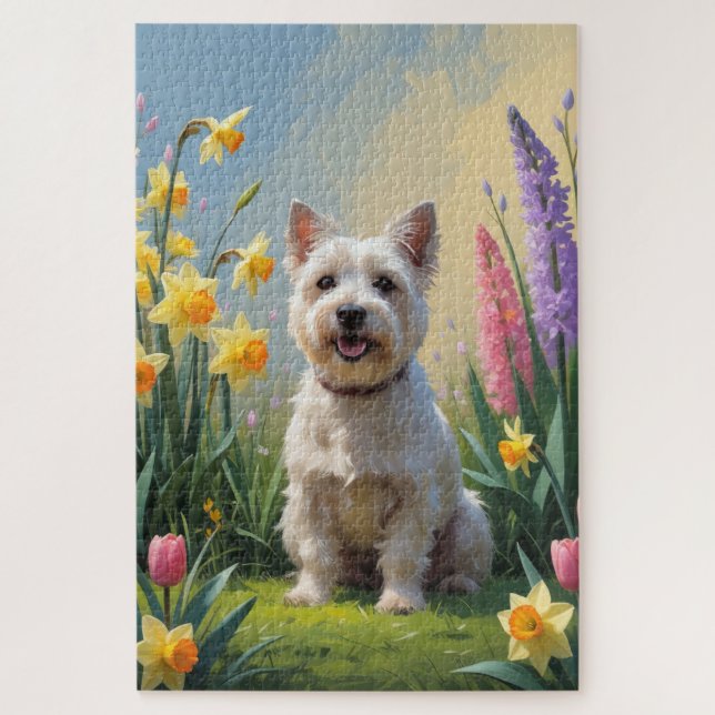Puzzle Peinture de fleurs printanières de chien Terrier C (Vertical)