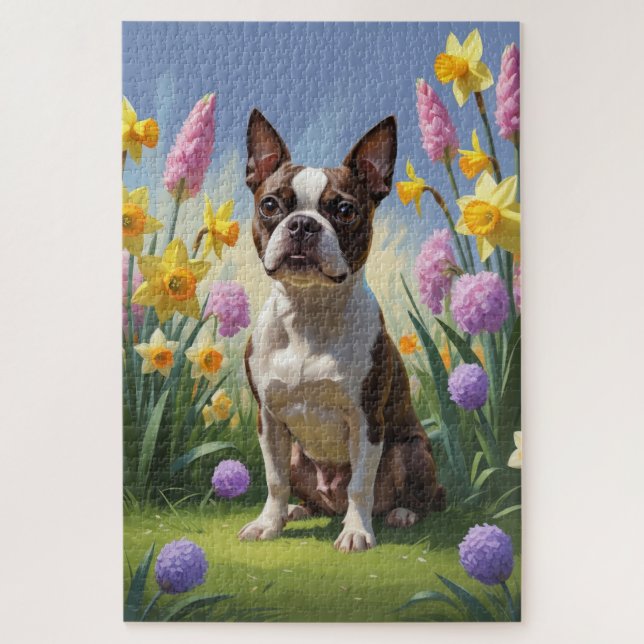 Puzzle Peinture de fleurs printanières de chien Terrier d (Vertical)