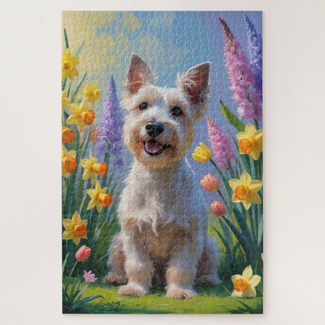 Puzzle Peinture de fleurs printanières de chien Terrier É (Vertical)