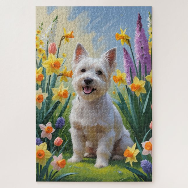 Puzzle Peinture de fleurs printanières de chien Terrier T (Vertical)