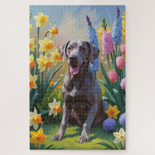 Puzzle Peinture de fleurs printanières de chien Weimarane (Vertical)