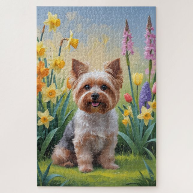 Puzzle Peinture de fleurs printanières de chien Yorkipoo (Vertical)