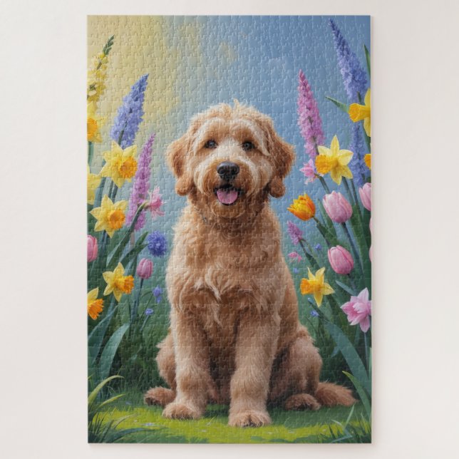 Puzzle Peinture de fleurs printanières de Goldendoodle Do (Vertical)