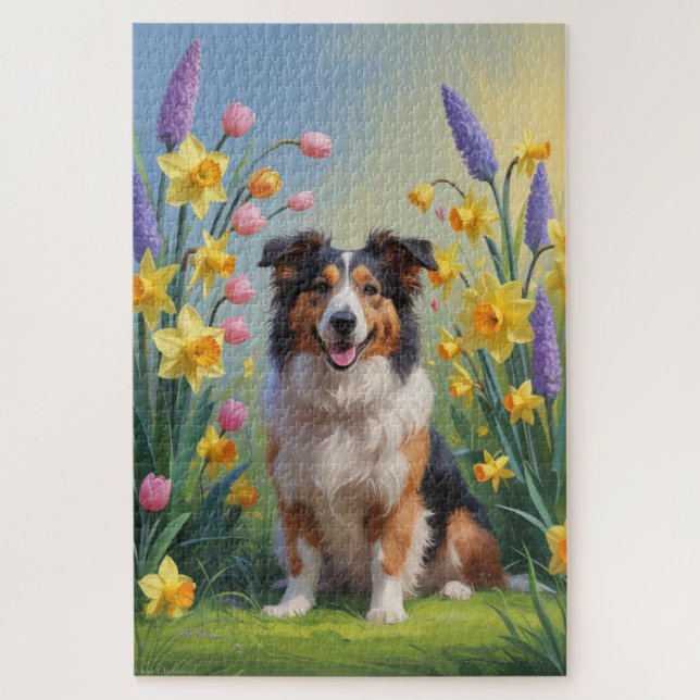 Puzzle Peinture de fleurs printanières de Rough Collie (Vertical)