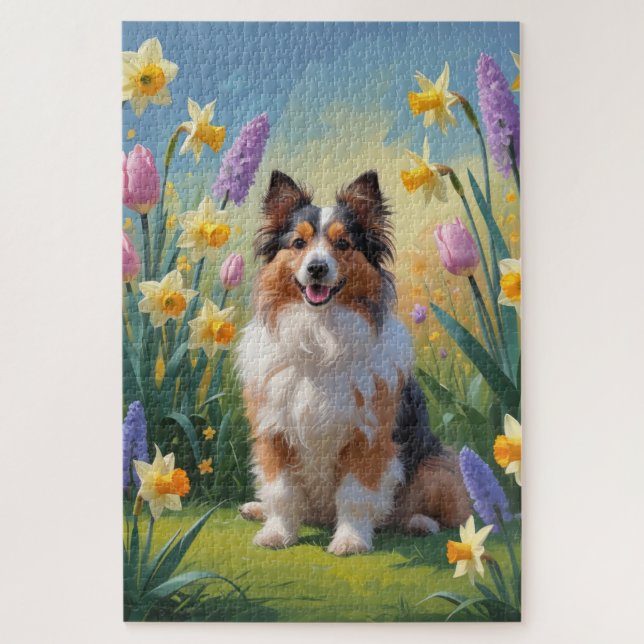 Puzzle Peinture de fleurs printanières de Shetland Sheepd (Vertical)