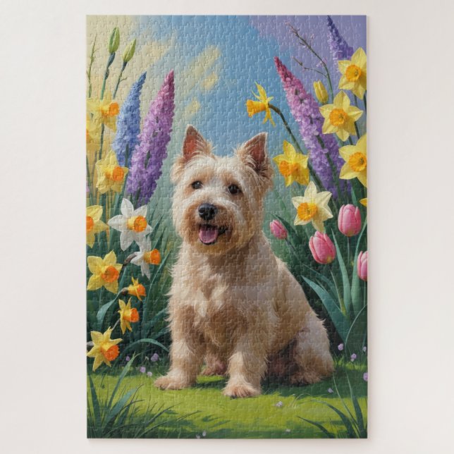 Puzzle Peinture de fleurs printanières de Terrier Wheaten (Vertical)