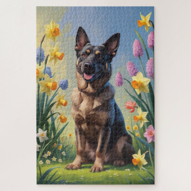 Puzzle Peinture de fleurs printanières du Malinois belge (Vertical)