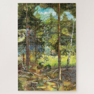 Puzzle Peinture de la forêt de pin aquarelle