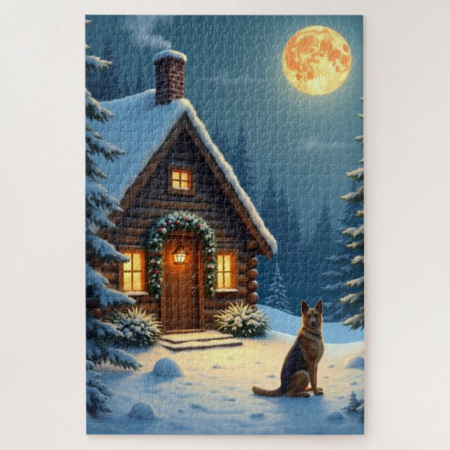 Puzzle Peinture de Noël de cabane enneigée avec Berger Al (Vertical)