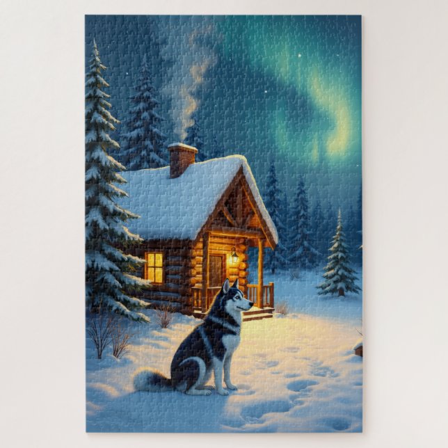 Puzzle Peinture de Noël de cabane enneigée avec Husky de  (Vertical)