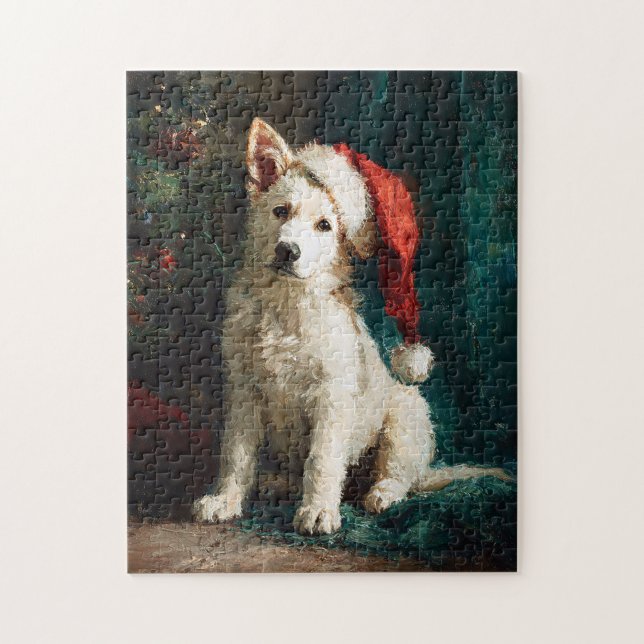 Puzzle Peinture de Noël de chiot Berger Blanc Allemand (Vertical)