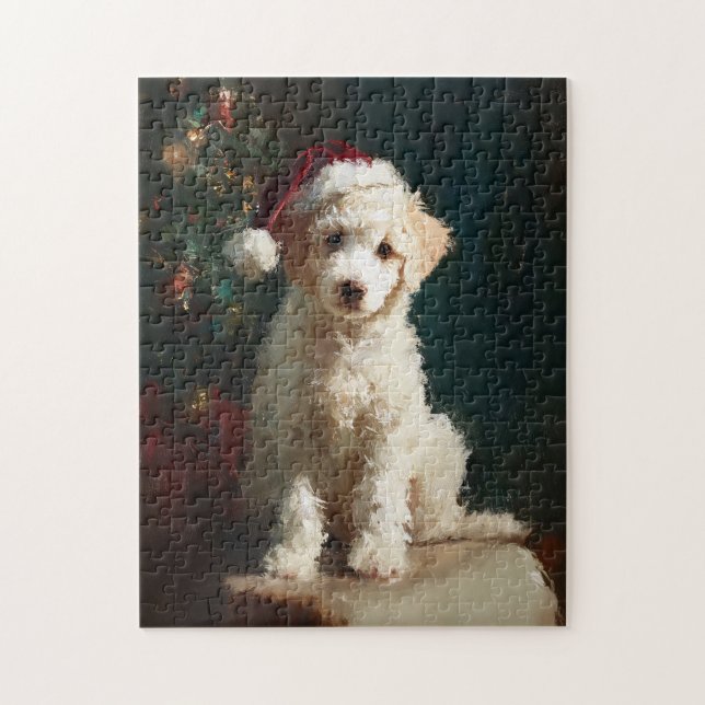 Puzzle Peinture de Noël de chiot Caniche blanc (Vertical)