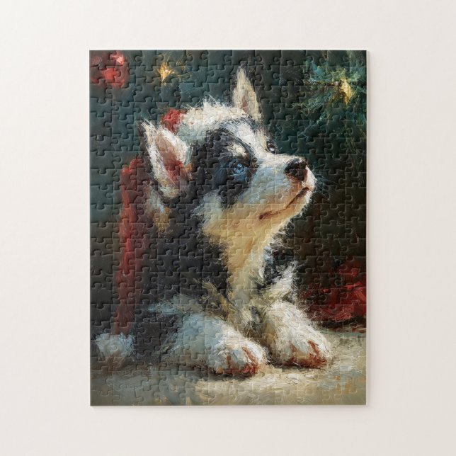 Puzzle Peinture de Noël de chiot Husky sibérien (Vertical)
