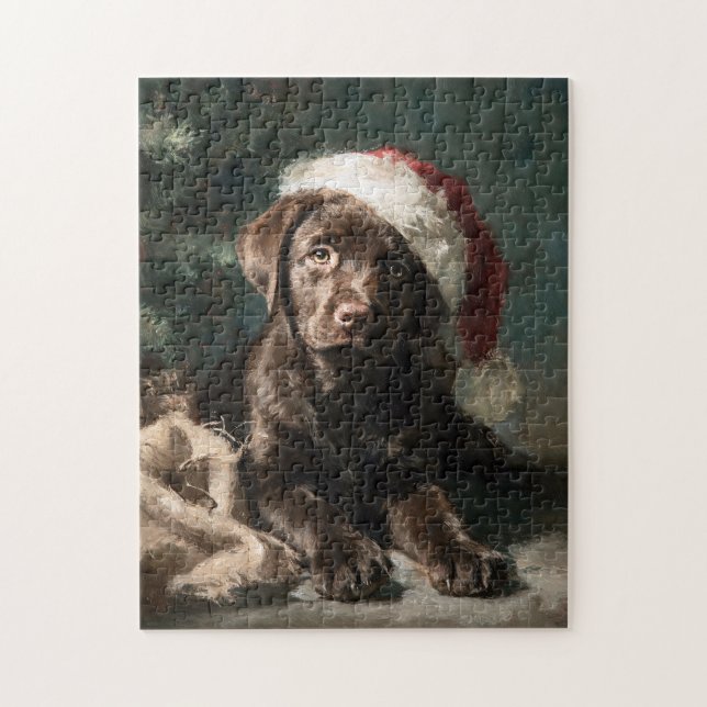 Puzzle Peinture de Noël de chiot Labrador au chocolat (Vertical)