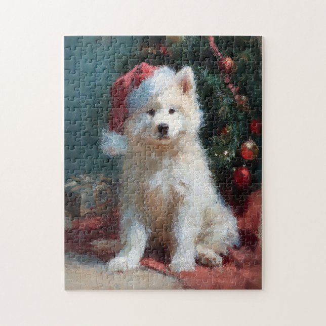 Puzzle Peinture de Noël de chiot Samoyède (Vertical)