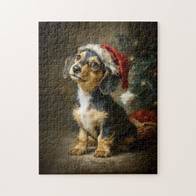 Puzzle Peinture de Noël de chiot teckel (Vertical)