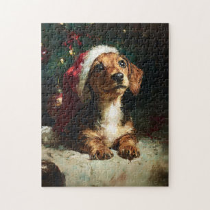 Puzzle Peinture de Noël de chiot teckel mignon