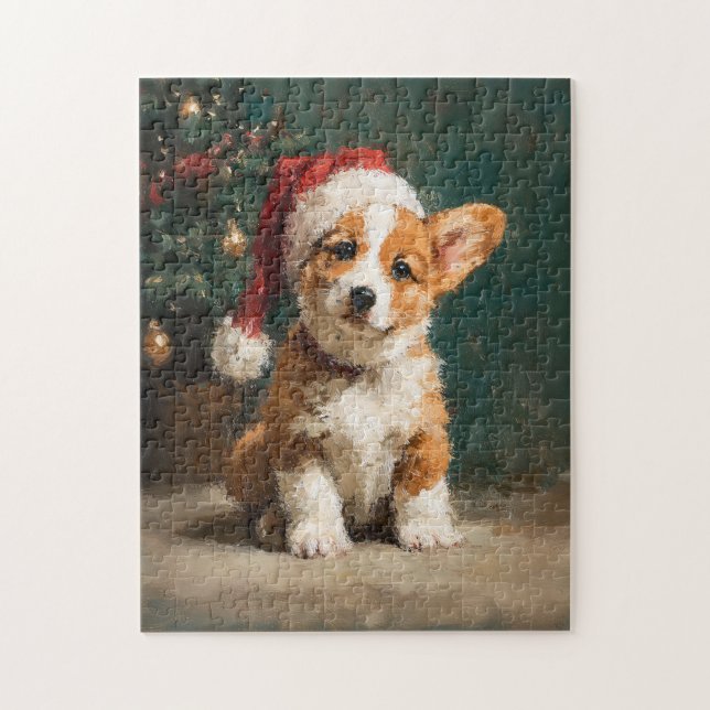 Puzzle Peinture de Noël de chiot Welsh Corgi (Vertical)