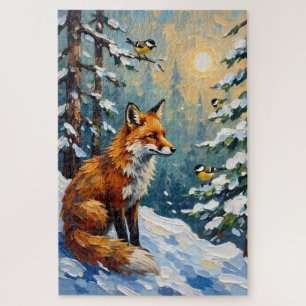 Puzzle Peinture de Noël Ren Rouge Vintage et Mésanges