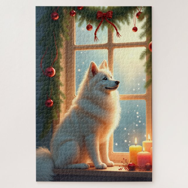 Puzzle Peinture de Noël Samoyède sous le gui (Vertical)