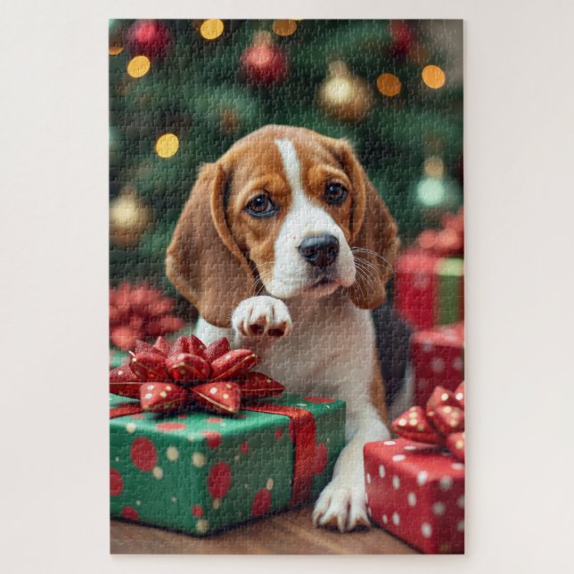 Puzzle Peinture de Noël : un Beagle emballant des cadeaux (Vertical)