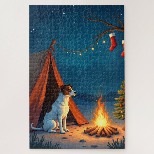 Puzzle Peinture de nuit de camping de Noël Jack Russell (Vertical)