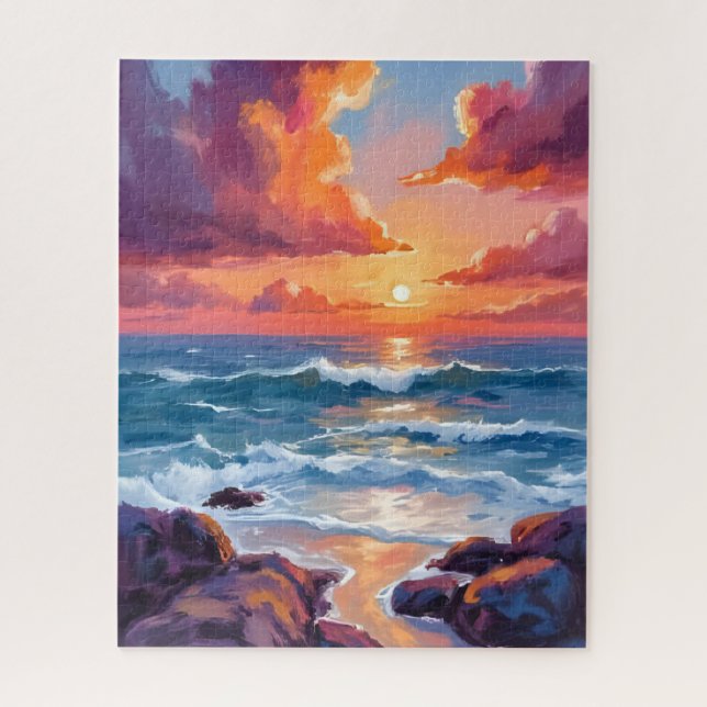 Puzzle Peinture de plage à l'aquarelle pastel de coucher  (Vertical)