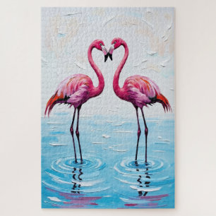 Puzzle Peinture de silhouette de cœur d'oiseaux flamants