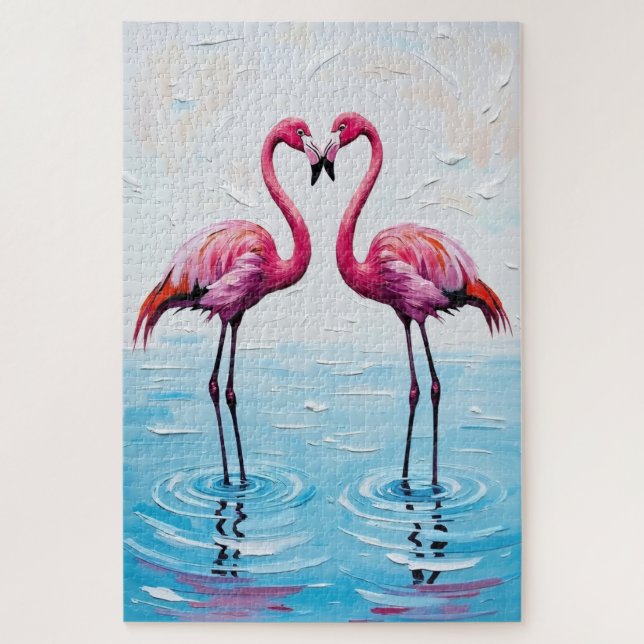 Puzzle Peinture de silhouette de cœur d'oiseaux flamants (Vertical)