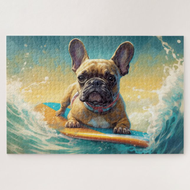 Puzzle Peinture de surf de plage de Bouledogue français (Horizontal)