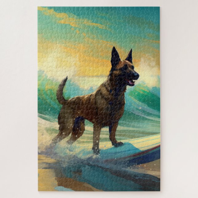 Puzzle Peinture de Surf sur Plage Malinois Belge (Vertical)