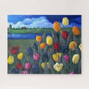 Puzzle Peinture de tulipes néerlandaises et moulin à vent