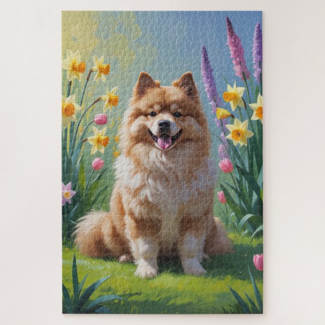 Puzzle Peinture des fleurs de printemps de chien Keeshond (Vertical)