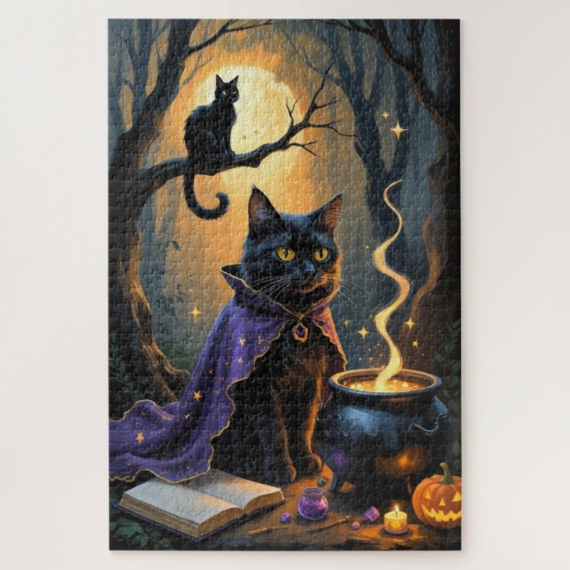 Puzzle Peinture fantaisiste de chat noir pour Halloween (Vertical)